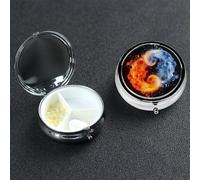 yin yang fire Water Pill Box with Mirror 3 Compartment Decorative Pill Case for Purse or Pocket Small Round Pill Organizer Weekly Metal Medicine Tablet Vitamin Holder Travel Gift