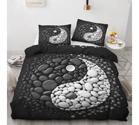 Yin Yang Japanese Bedding Double - Black and White Asian Oriental Double Duvet Set - Reversible Quilt Cover & 2 Pillowcases with Zipper and Ties, Ultra Soft and Non Iron Brushed Microfibre Bed Set