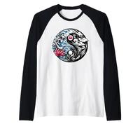 Yin Yang Koi Fish and Dragon Lotus Wave Zen Japanese Symbol Raglan Baseball Tee