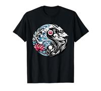 Yin Yang Koi Fish and Dragon Lotus Wave Zen Japanese Symbol Value Graphic T-Shirt, Men, Black, XL