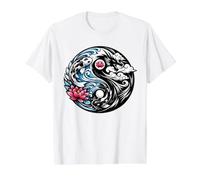 Yin Yang Koi Fish and Dragon Lotus Wave Zen Japanese Symbol Value Graphic T-Shirt, Men, White, M