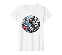 Yin Yang Koi Fish and Dragon Lotus Wave Zen Japanese Symbol Value Graphic T-Shirt, Women, White, M