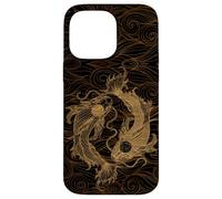 Yin Yang Koi Fish and Japanese Waves Wood Engraved Vintage Case for iPhone 14 Pro Max