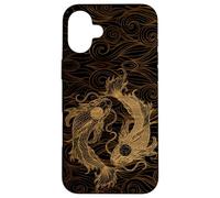 Yin Yang Koi Fish and Japanese Waves Wood Engraved Vintage Case for iPhone 16 Plus