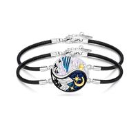 Yin Yang Matching Bracelet 925 Sterling Silver Sun Moon Bracelets for Couple Mountains Sea BFF Mountain Leather Bracelet Pack of 2 Chain Couple Jewellery Gifts for Women Men