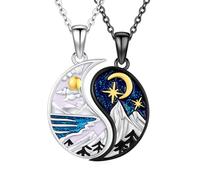 Yin Yang Necklace Sterling Silver Sun Moon Necklaces for Couple Mountain Wave BFF Pendant Necklaces Pack of 2 Chain Couple Jewellery Gifts for Women Men