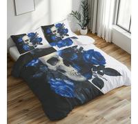 Yin Yang Skull Duvet Cover Emperor, Blue Flower Bedding Set 3 Piece Soft Microfiber Quilt Cover Reversible Duvet Sets with 2 Pillows Zipper Closure L-75