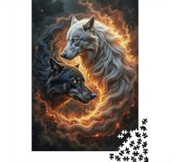 Yin Yang Two Wolves in Fiery Circle 1000 Piece Jigsaw Puzzle, 52x38cm/1000pcs, for Adults, January Puzzle Activity, Winter Downtime And A Fresh Start