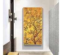 Yinaa Decor Large SizeTraditional Fortune Tree and Birds Canvas Paintings Golden Yellow Posters Wall Art Pictures for Corridor Decoration 60x30cm frameless