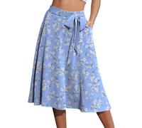 Yincro Women's A-Line Midi Skirt with Pockets High Waist Flared Below The Knee Skirts, Blue White Flower, L