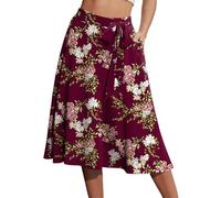 Yincro Women's A-Line Midi Skirt with Pockets High Waist Flared Below The Knee Skirts, Flower Wine Red, M