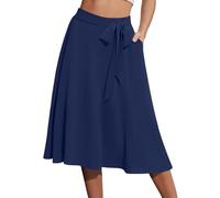 Yincro Women's A-Line Midi Skirt with Pockets High Waist Flared Below The Knee Skirts, Navy Blue, XXL