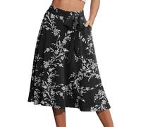 Yincro Women's A-Line Midi Skirt with Pockets High Waist Flared Below The Knee Skirts, White Flower Black, XXL