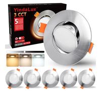 YindaLux LED Recessed Spotlight Dimmable 5W 550LM Swivel Recessed Lights 3000K 4000K 6000K Ceiling Spots IP44 Bathroom Spotlight Hole Size 68-80mm, AC 220-240V, 120° Beam Angle, Nickel, Pack of 6