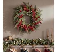 Yinder 22 Inch Christmas Wreath for Front Door with Red Berry Lights Artificial Pine Cedar 9.8FT LED Lights with Pinecones Lighted Christmas Wreath for Porch Wall Fireplace Indoor Outdoor(Red, Full)