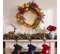 Yinder 22 Inch Christmas Wreath for Front Door with Red Berry Lights Artificial Pine Cedar 9.8FT LED Light with Pinecones Lighted Christmas Wreath for Porch Wall Fireplace Indoor Outdoor (Red, Rattan)