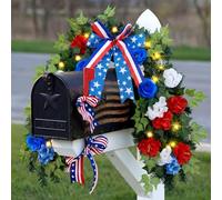 Yinder 24″ W Patriotic Mailbox Wreath with LED Lights Pre-lit 4th of July Mailbox Swag Decor with Red White Blue Roses Lilacs Stars Stripes Bow for 250th Anniversary Memorial Veterans Independence Day