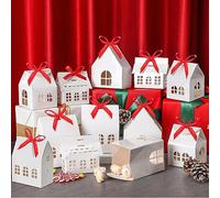 Yinder 25 Pcs House Shaped Gift Boxes with Red Ribbons House Shaped Candy Boxes House Treat Boxes Party Favors Cookie Boxes for Gift Giving White Paper Gable Boxes for Wedding Xmas Party, 4 Styles