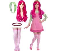 Yinder 4 Pcs Halloween Costume Accessories Set Bright Green Wide Satin Hard Headband Long Wavy Curly Hair Cosplay Wig Beaded Bracelets Pink over the Knee-high Socks for Women Cosplay 2000s Outfits