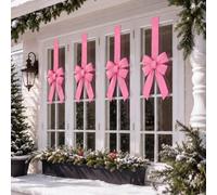 Yinder 4 Sets 9 x 13 Inch Window Bow Decorations 2 in 1 Pink Flocked Fabric Double Hanging Bow Festive Decor for Christmas Front Door Porch Wreath Railing Holiday Indoor Outdoor