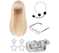 Yinder 6 Pcs Pop Singer Costume Accessories Women's Long Straight Blond Wig with Hairnet, Glasses, Silver Belt, Microphone Headset and Star Earrings for Women Adults Halloween Cosplay Party