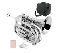 Yinfente B Flat Pocket Trumpet Bass Trumpet For Beginner,Student With Cleaning cloth, Silver plated 7C mouthpiece,hard case White gloves (Silver)