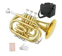 Yinfente B Flat Pocket Trumpet Bass Trumpet For Beginner,Student With Cleaning cloth, Silver plated 7C mouthpiece,hard case White gloves (Gold)