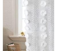 YINFUNG White Sheer Curtains Boho Pom 63 Inch Long Semi Sheer Embroidered Tufted Textured Floral Window Curtain 2 Panel Set Shabby Chic Voile Window Treatments Living Room Bedroom