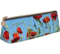 YINGD AI Poppies On Sky Print Leather Pencil Pen Case Triangle Pencil Box Bag Pencil Cases Organizer for Office College School Adult Teen Girl Boy