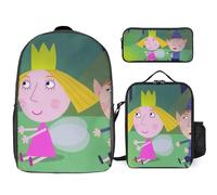 YINGD Ben Holly’s Little Kingdom Backpack Combo Lightweight 17 Inch Daypack with Snack Bag and Multi Compartment Pen Case