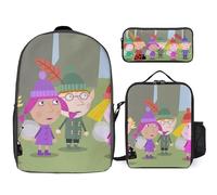 YINGD Ben Holly’s Little Kingdom Backpack Set for School Includes Large Bookbag Insulated Lunchbox and Zippered Pencil Bag
