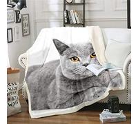 YINGD Cat Sherpa Blanket Cute Blue Cat Print Fleece Throw Blanket British Shorthair Plush Blanket for Kids Boys Girls D Cat Printed Fuzzy Blanket 125CM X 100CM