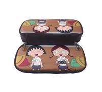 YINGD Chibi Maruko-chan Pencil Case Premium Brown Leather Pen Organizer with Zipper for School Office Travel