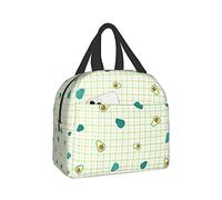 YINGD Cute Kawaii Avocado On Pastel Green Plaid Lunch Box Bento Box Insulated Lunch Boxes Reusable Waterproof Lunch Bag with Front Pocket for School Office Picnic