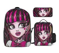 YINGD Fun Monster High Draculaura Backpack 3 in 1 Set Durable Bookbag Food Pouch Stationery Case