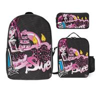 YINGD Fun Monster High Draculaura Backpack Trio Set Large Bookbag Insulated Food Bag and Multi Pocket Pencil Case for Students