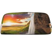 YINGD Iceland Waterfall River Field SunsPrint Pencil Bag,Stylish Leather for Pencil Bag