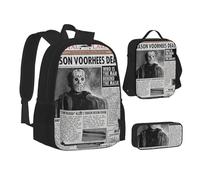 YINGD Jason Voorhees Wanted for Homicide Cartoon 3 PCS School Backpack Lightweight School Bookbag Lunchbox Pencil Bag Large Daypack