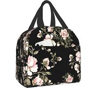 YINGD Lunch Bag Insulated Lunch Box Watercolor Rose Pink Flower Black Reusable Lunch Tote Box Bag Portable