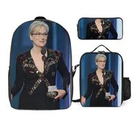 YINGD Meryl Streep Backpack 3 Piece Collection Bookbag Insulated Lunch Box and Pen Pouch