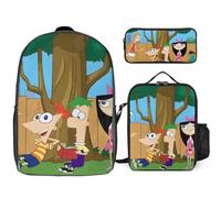 YINGD Phineas and Ferb Backpack for School 17 Inch Lightweight Bookbag with Matching Lunch Boxes and Pencil Pouch Set