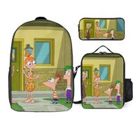 YINGD Phineas and Ferb Backpack with Lunch Box and Pencil Case 3 Piece School Supply Set for Students and Professionals