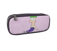 YINGD Phineas and Ferb Pencil Case PU Leather Zippered Pouch with Elastic Loops for Secure Stationery Storage