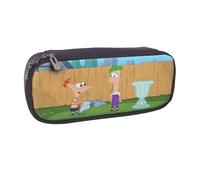 YINGD Phineas and Ferb Pencil Case Spacious PU Leather Pen Holder with Elastic Straps & Zipper Closure
