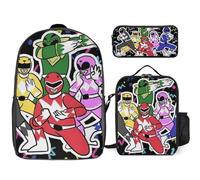 YINGD Power Rangers The Animated Series Backpack Combo 17 Inch Daypack with Lunch Boxes and Pencil Pouch Durable Polyester for School Work
