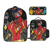 YINGD Power Rangers The Animated Series Backpack Set for School Includes Large Bookbag Insulated Lunchbox and Zippered Pencil Bag
