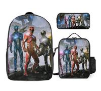 YINGD Power Rangers The Animated Series Backpack Trio Large 17 Inch Bag Insulated Lunchbox and Zippered Pencil Case for Children Office