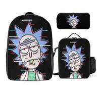 YINGD Rick and Morty Season Backpack with Lunch Boxes and Pen Case Three Piece Combo Lightweight Durable for Daily Use