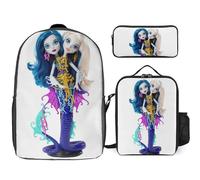YINGD Teen Monster High Backpack 3 in 1 Set Durable Bookbag Food Pouch Stationery Case