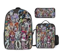 YINGD Teen Monster High Backpack Three in One Set Spacious Daypack Food Carrier and Stationery Pouch for School